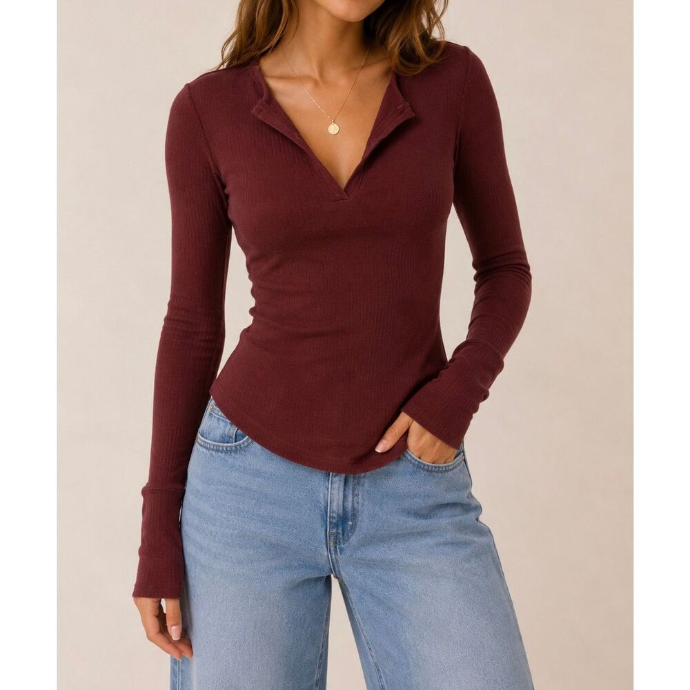 Intimately Free People Burgundy Ribbed Long Sleeve Henley Top XS